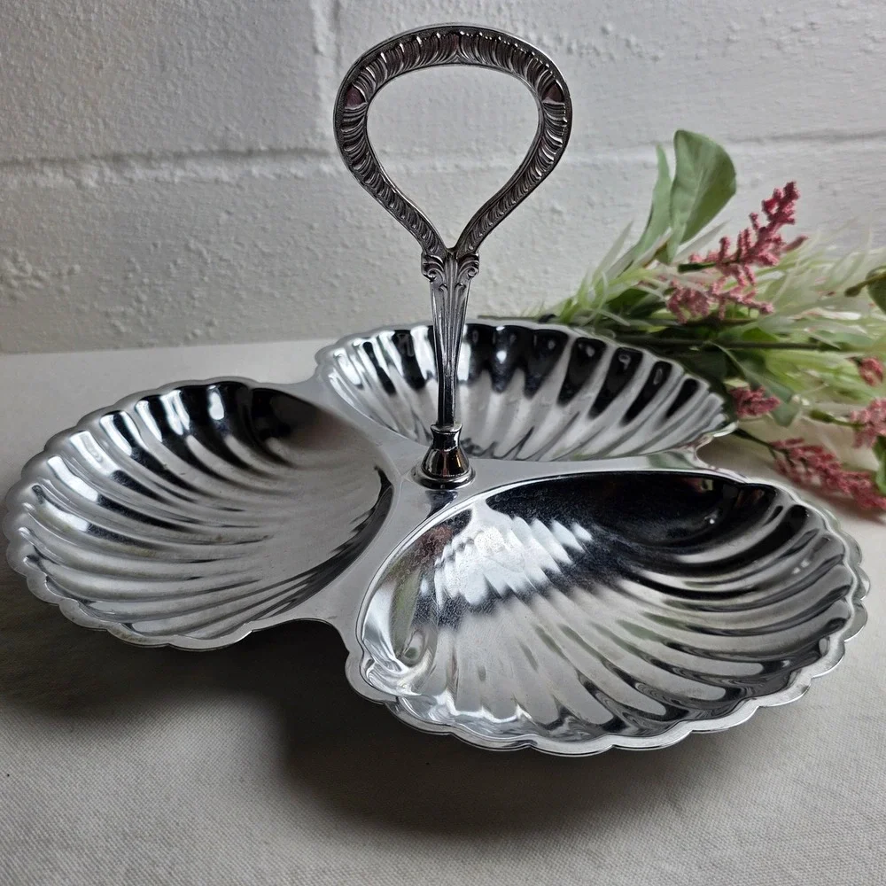 Vintage Irvinware Chrome 3 Section Shell Server Tidbit Tray Made in USA